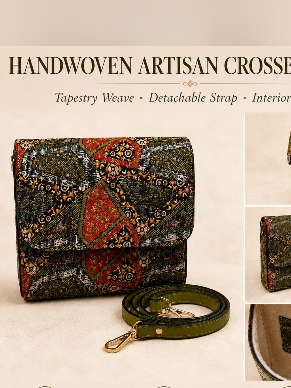Handwoven Artisan Tapestry Crossbody Bag in Olive & Rust